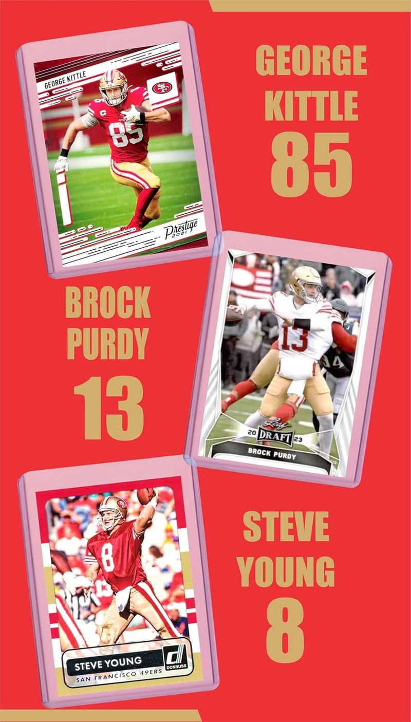Chaser San Francisco 49ers Cards: Brock Purdy, Christian McCaffrey, Ricky Pearsall, George Kittle, Brandon Aiyuk, Nick Bosa, Steve Young, Joe Montana, Jerry Rice, Trent Williams ASSORTED Football Stars & GOATs Trading Card & Wristbands Gift Pack - Image 1